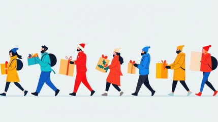 Festive group of people carrying holiday gifts in winter attire