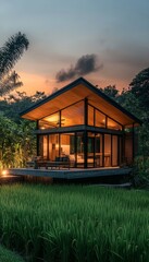 Photo of a small cottage with a wooden furniture porch, with a rice field in the background at sunset.