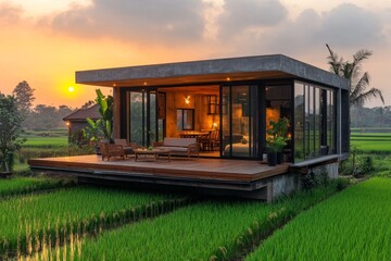 Obraz premium Photo of a small cottage with a wooden furniture porch, with a rice field in the background at sunset.