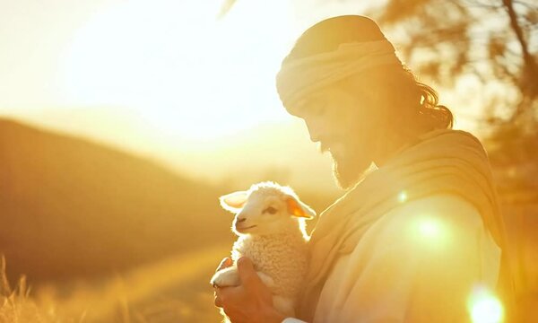 Jesus Christ holding a little lamb of Easter holiday concept realistic videos