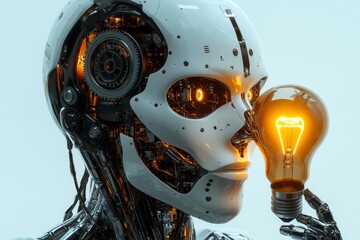 Fototapeta premium The AI robot head holds a light bulb in its hand.