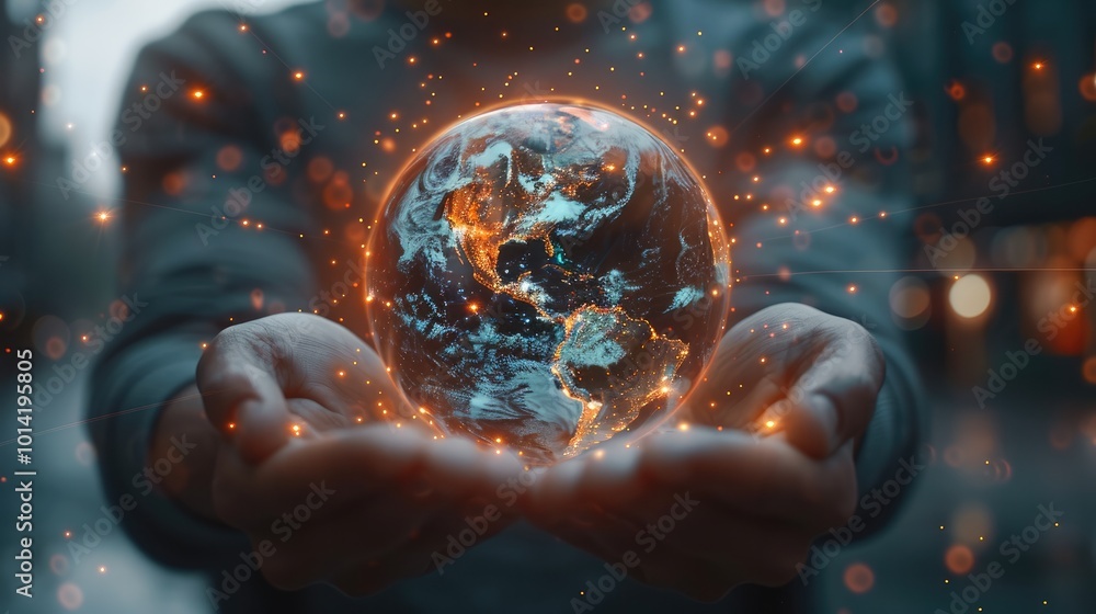 Poster Close-up of hands holding a holographic globe with digital data streaming around it innovation technology concept.