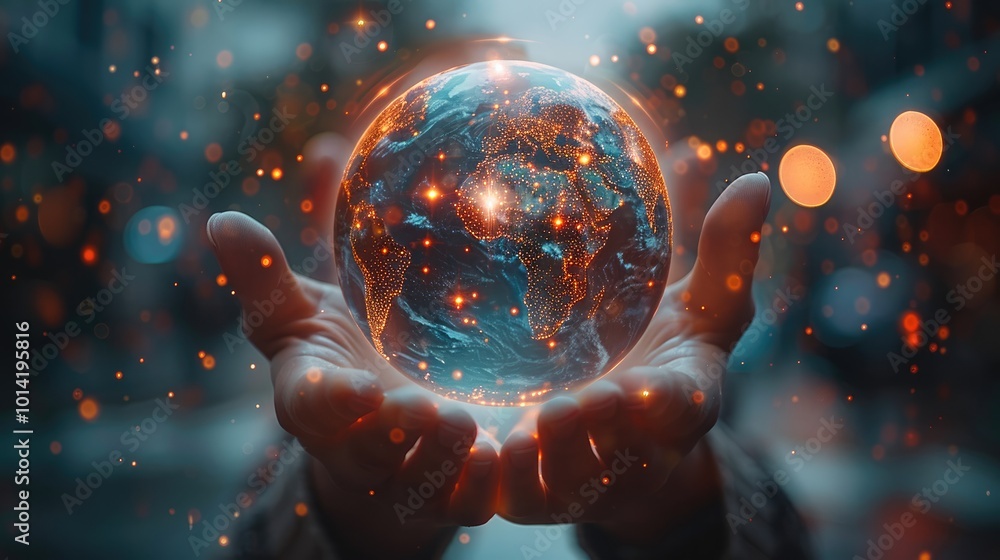 Poster Close-up of hands holding a holographic globe with digital data streaming around it innovation technology concept.