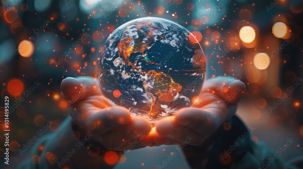 Poster Close-up of hands holding a holographic globe with digital data streaming around it innovation technology concept.