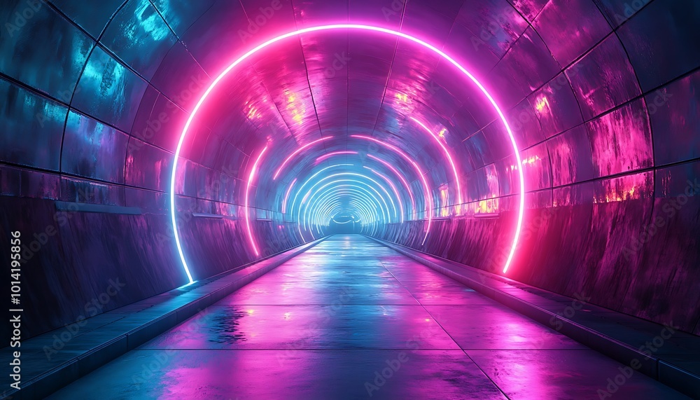 Poster a vibrant neon-lit tunnel with circular arcs in pink and blue hues, reflecting light on a wet surfac