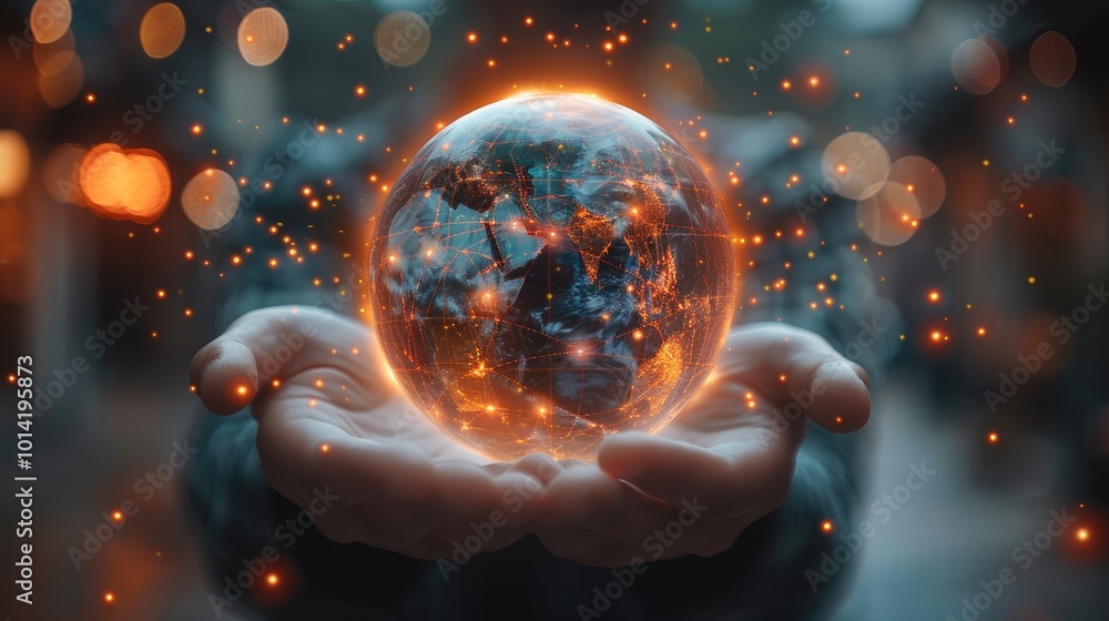 Poster Close-up of hands holding a holographic globe with digital data streaming around it innovation technology concept.