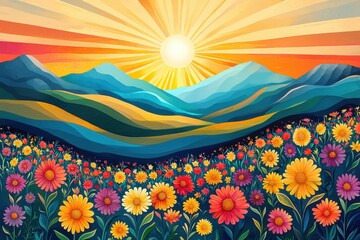 Vibrant sunrise over a colorful flower field and mountains