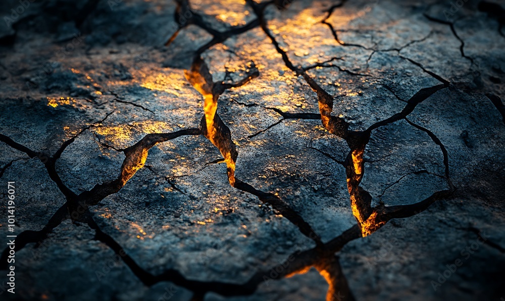 Poster a close-up view of cracked earth illuminated by warm light, showcasing textures and patterns in the 