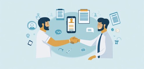 Two men shaking hands in front of a smartphone showing a profile picture with medical icons around them.