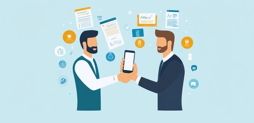 Two businessmen with beards, one holding a smartphone. They are standing on a light blue background. There are icons and documents floating around them, alluding to work and technology.