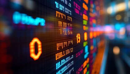 A vibrant display of digital stock market data, featuring numbers and colorful indicators representing market trends and financial performance.