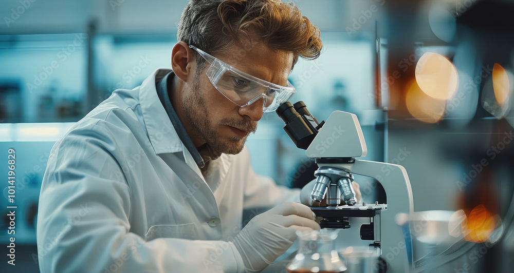 Poster The research male working with precision instruments or discussing design prototypes in an advanced lab.