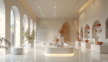 A modern minimalist style showroom. The whole space adopts a gentle white tone, a bright and comfortable feeling.