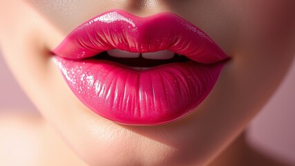 A lush pink lip gloss treatment is highlighted with delicate sparkle, revealing a flawless, velvety texture and radiant