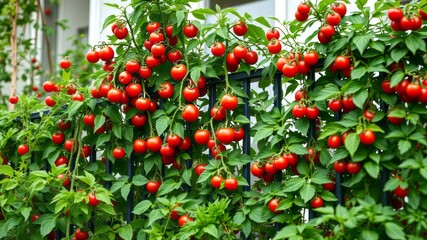 A lush green balcony transforms into a haven of verdant life, with cherry tomato plants spilling over the