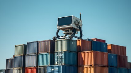 Fototapeta premium A machine with a blank expression sits atop a pile of stacked containers, its functionality rendered useless as