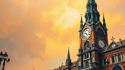 A majestic oil painting depiction of a grand, ornate clock tower set against a misty, golden-hued sky, evoking