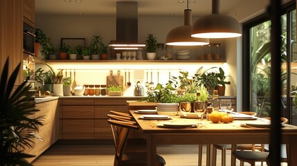 Dining room and kitchen, light, cosy, interesting, wood, small plants, lightning.