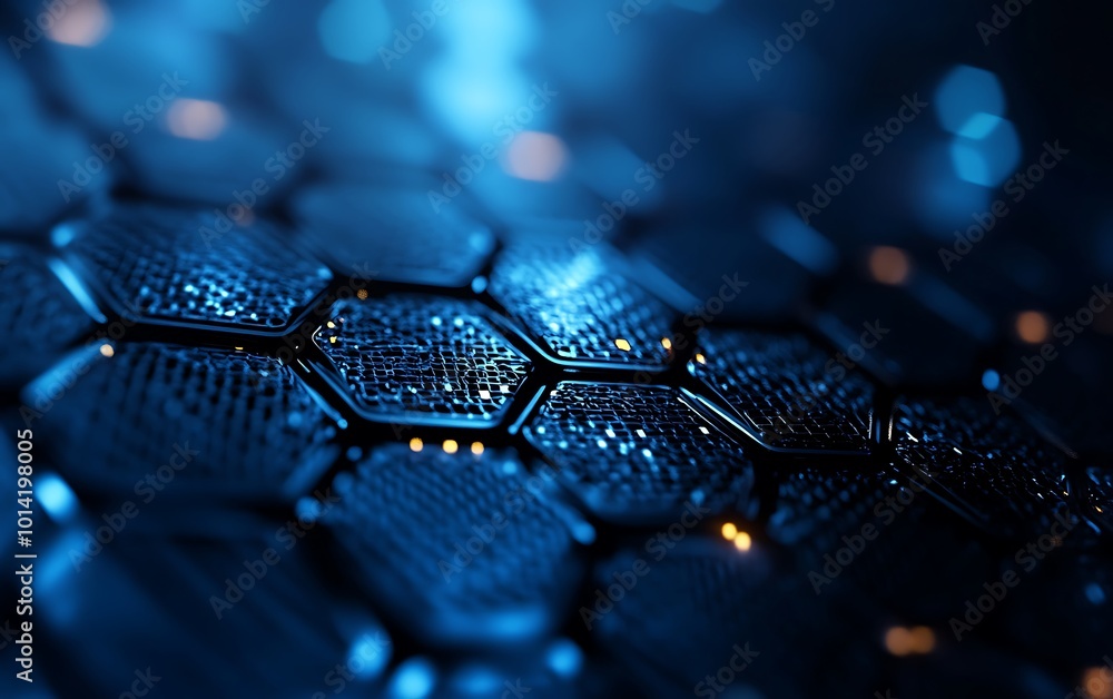 Poster a close-up view of a textured, hexagonal surface illuminated in blue tones, showcasing a modern, tec