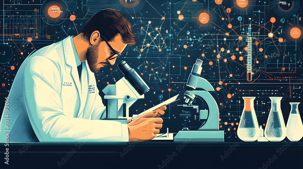 Poster scientist examining a slide under a microscope with a complex background