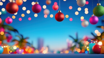 Festive holiday decorations with vibrant bokeh background
