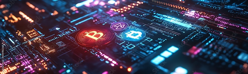 Fototapete a colorful, high-tech image showcasing a circuit board with illuminated bitcoin symbols, representin