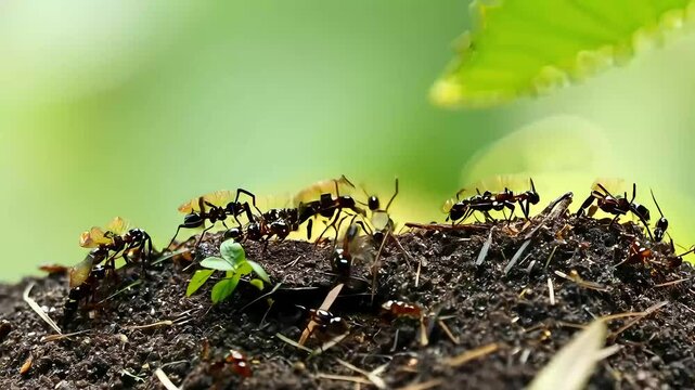 macro shot captures ants working diligently nest revealingcolony's activities transport leaves grass seeds incredible wildlife Tajikistan 4K animal ant anthill background behaviour brown business