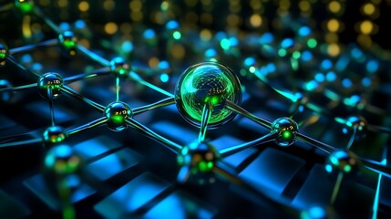 A green sphere connected to a network of metallic spheres, with a blurred background of blue and green lights.