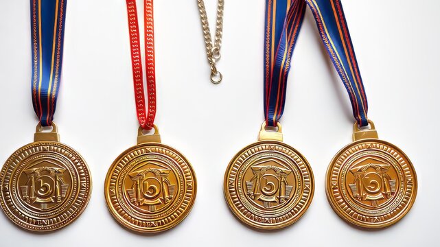 A set of gleaming metallic awards featuring gold, silver, and bronze medals on a white background, each with