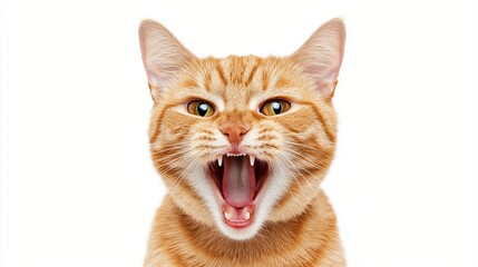 Fierce ginger tabby cat with mouth wide open, showing sharp teeth and pink tongue against white background. Expressive feline portrait captures raw emotion.
