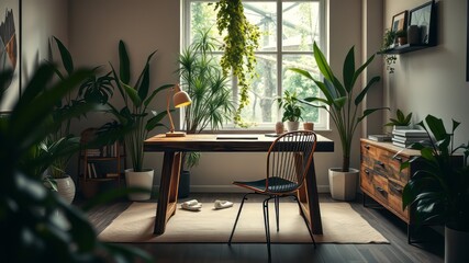 Fototapeta premium A stylish, modern workspace features a reclaimed wooden desk, elegant metal chair, and minimalist decor, creating a