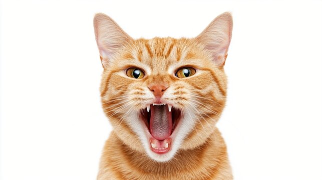 Fierce ginger tabby cat with mouth wide open, showing sharp teeth and pink tongue against white background. Expressive feline portrait captures raw emotion.