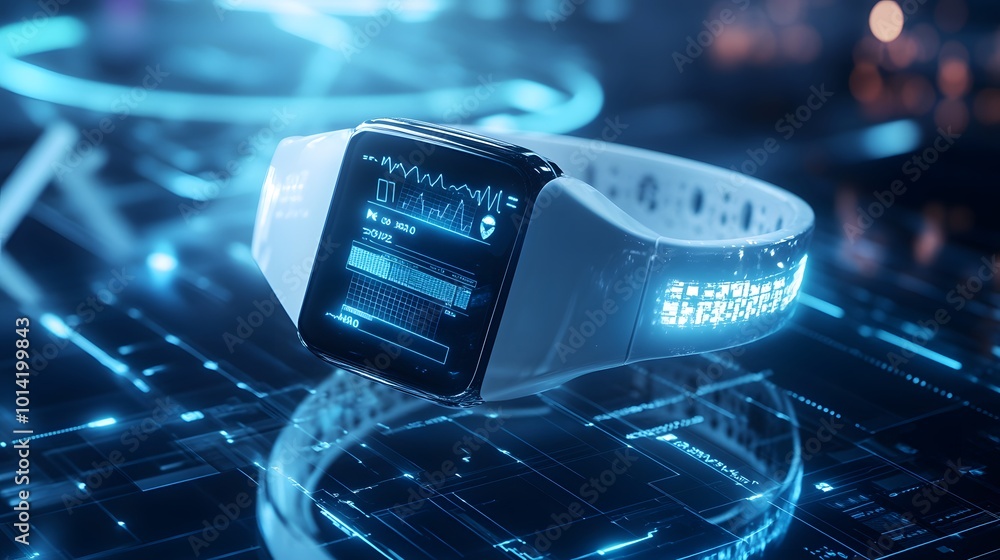 Poster futuristic smartwatch with glowing blue interface displaying health data