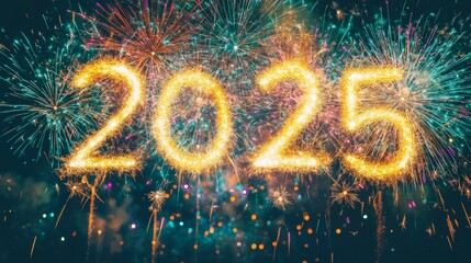 Colorful fireworks display lighting up the night sky with the number 2025 for a joyful celebration