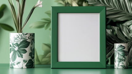 Mockup of green frame and floral pattern vases against a leafy background, creating a serene and stylish atmosphere. Elegant green frame and floral decor on a table.