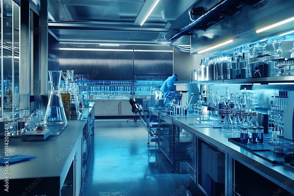 Poster a modern laboratory with a scientist working at a workstation