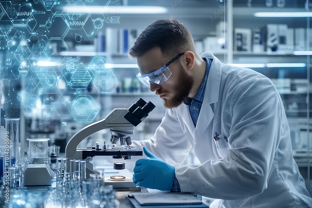 Poster scientist examining sample under microscope in laboratory