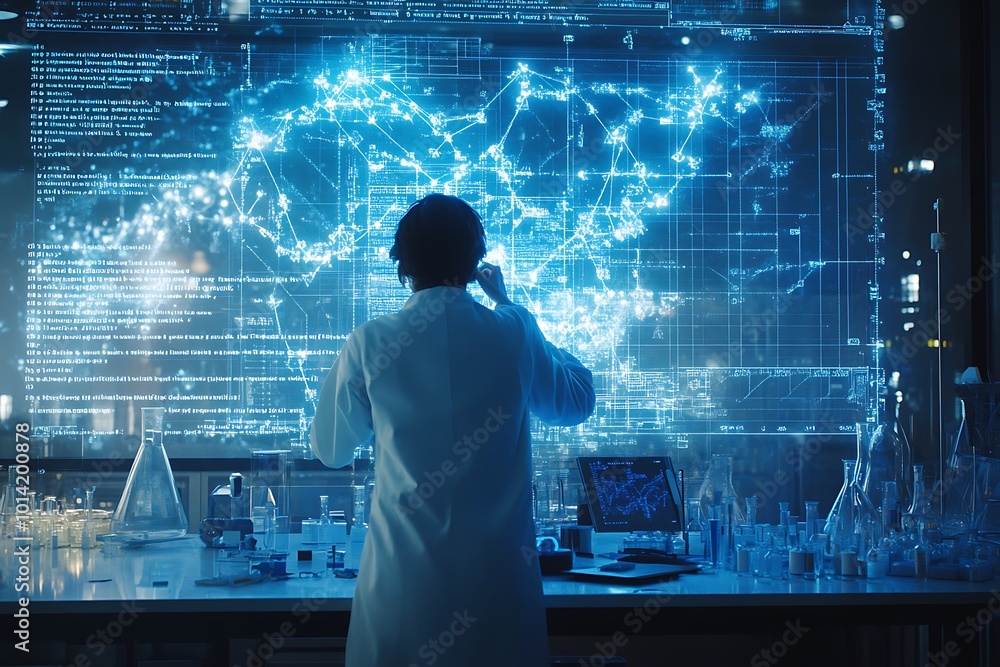Aufkleber scientist examining data on a blue digital display in a laboratory