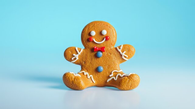 A whimsical, golden-brown gingerbread man figure sits isolated on a translucent background, his intricately designed