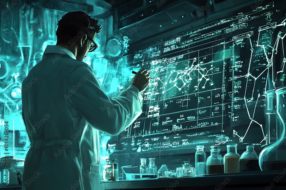 Poster scientist examining data and chemical solutions in a laboratory
