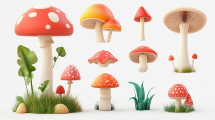 PNG mushroom collection of 3D icons and objects, minimalist cartoon style on clear, white background, isolate