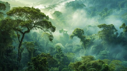 Lush and Misty Tropical Jungle Landscape with Towering Green Trees and Thick Vegetation