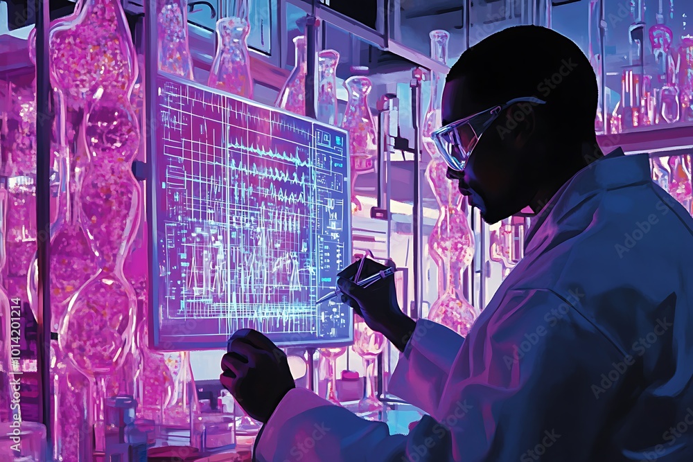 Poster a scientist examining data in a lab filled with beakers