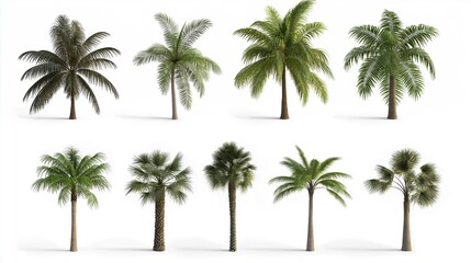 PNG palm tree collection of 3D icons and items, minimal cartoon style on clear, white background, isolate