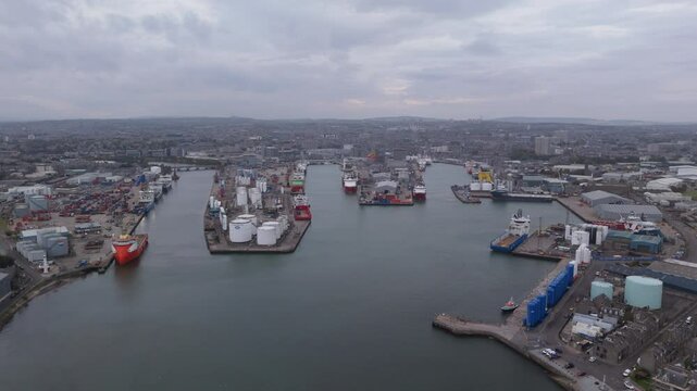 Aerial view over the harbour of Aberdeen, city in northern Scotland