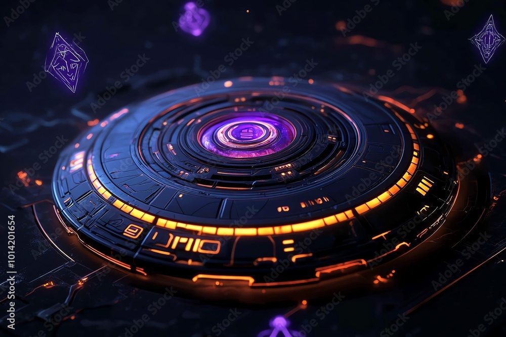 Poster fantasy spaceship warp drive glowing with enchanted light, surrounded by floating runes and magical 