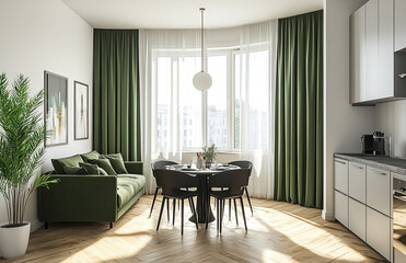 A bright and airy apartment featuring wooden parquet flooring with light green panels on the walls