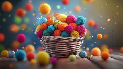 A basket overflowing with vivid yarn balls, rustic wooden floor, cozy and artistic atmosphere, warm lighting and soft textures