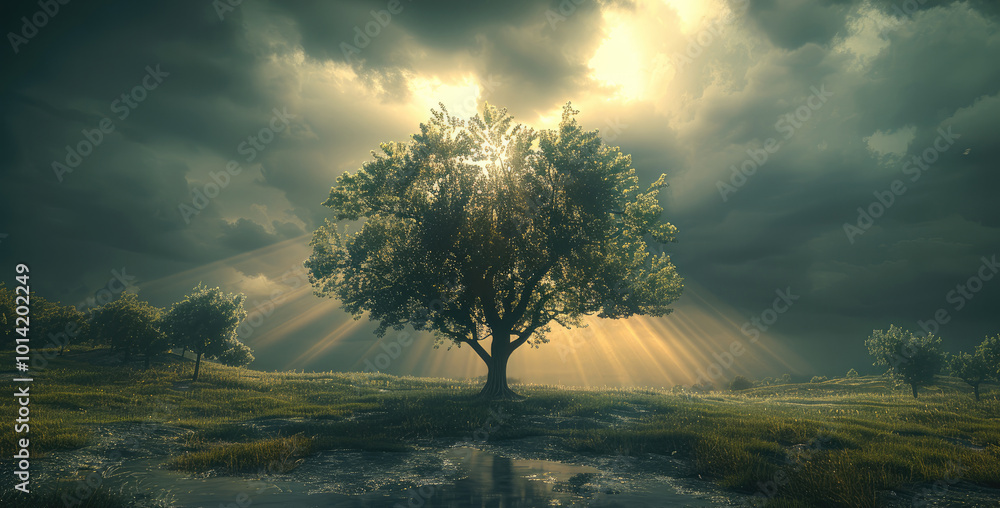 Aufkleber a tree after a tornado storm, but as the light breaks through the clouds, with lots of hope for the 