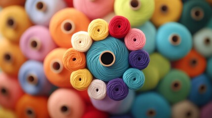 Brightly colored yarn spools stacked in a spiral, vibrant threads unraveling into abstract patterns, rainbow color palette, creative textile art, macro shot